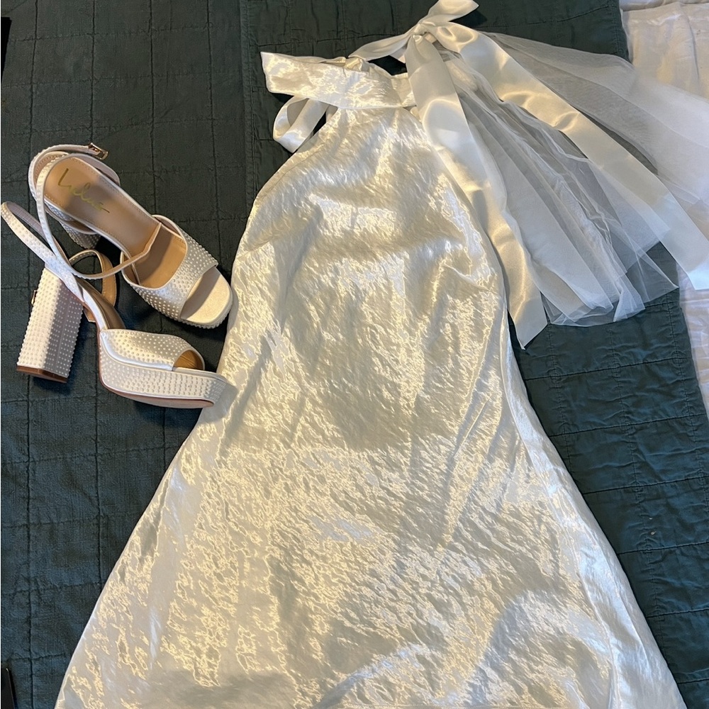 Meshki White Satin Backless Halter Maxi Dress